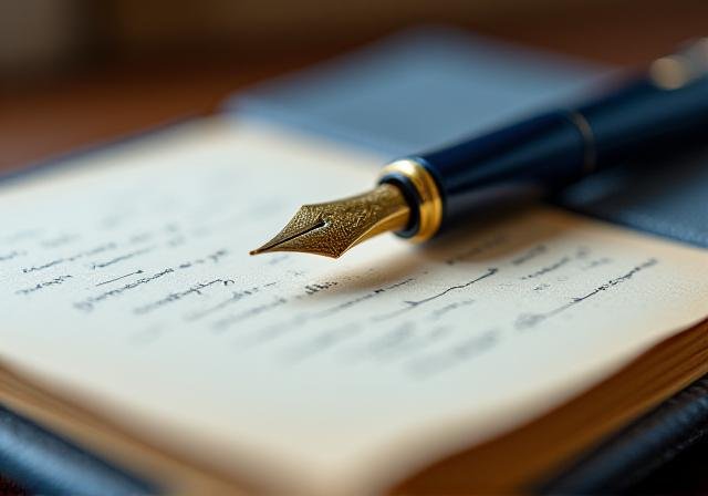 Classic ink pen and leather-bound ledger