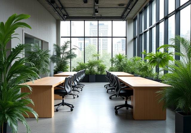 Minimalist bright office with green plants